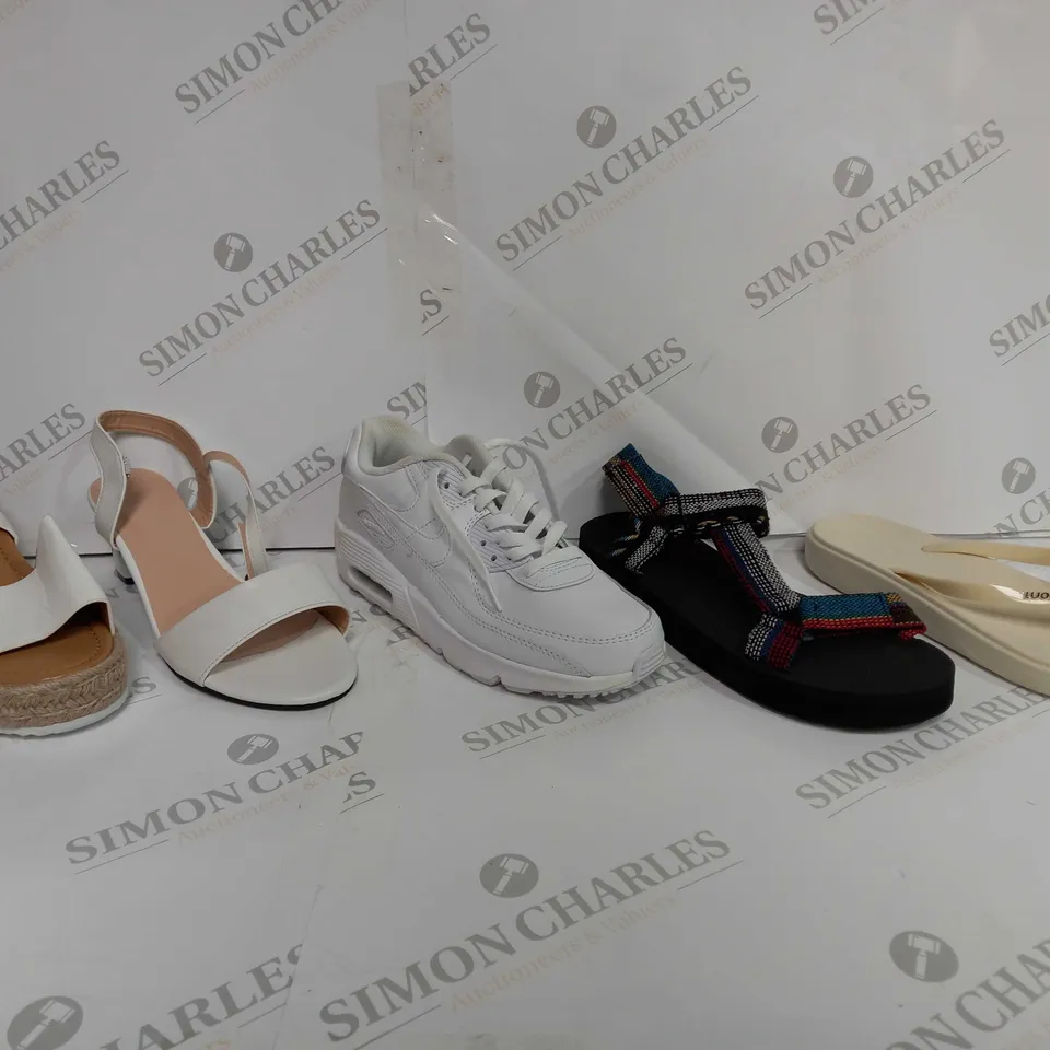 BOX OF APPROXIMATELY 25 ASSORTED SHOES TO INCLUDE - NIKE AIR MAX WHITE TRAINER - UNBRANDED OPEN TOE SANDAL IN WHITE - LUOFU CREAM PLATFORM SANDAL