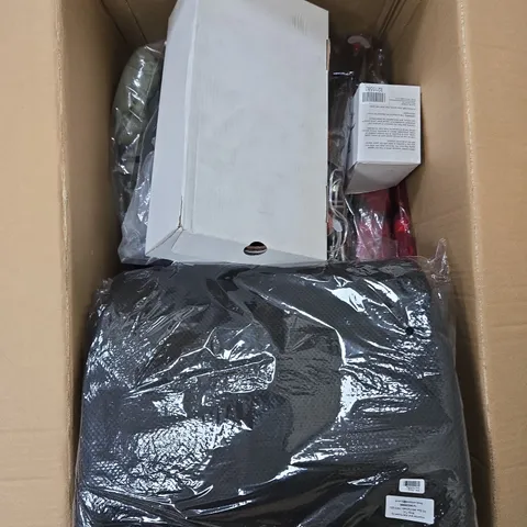 BOX OF APPROXIMATELY 8 ASSORTED ITEMS TO INCLUDE SUPPORT CUSHION , SHOES AND CLOTHING