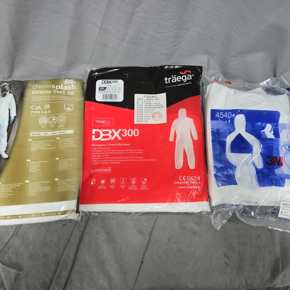 APPROXIMATELY 20 ASSORTED PROTECTIVE COVERALLS IN VARIOUS SIZES TO INCLUDE BRANDS SUCH AS 3M, CHEMSPLASH, TRAEGA, ETC