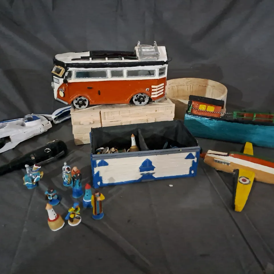 BOX OF ASSORTED HAND PAINTED ITEMS TO INCLUDE FIGURINES & VEHICLES