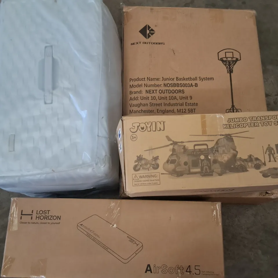 PALLET OF ASSORTED HOUSEHOLD ITEMS TO INCLUDE JUNIOR BASKETBALL SYSTEM, SELF INFLATING CAMPING MATTRESS AND HELICOPTER TOY SET