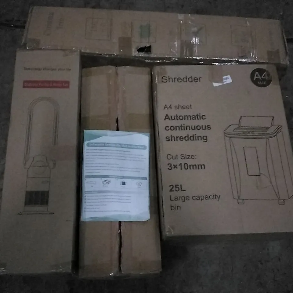 PALLET OF ASSORTED ITEMS INCLUDING AUTOMATIC PAPER SHREDDER, INFLATABLE GYMNASTIC MAT, CHRISTMAS TREE, BLADELESS PURIFIER & HEATER FAN