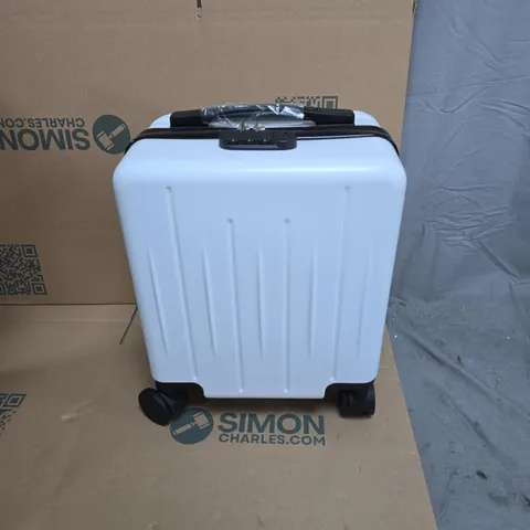 PORTABLE WHITE COMPACT SUITCASE ON WHEELS WITH CARRY HANDLE