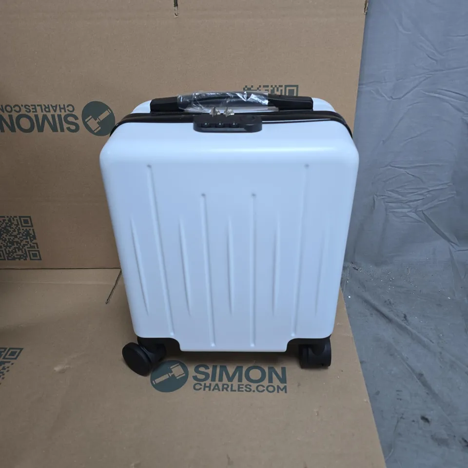 PORTABLE WHITE COMPACT SUITCASE ON WHEELS WITH CARRY HANDLE