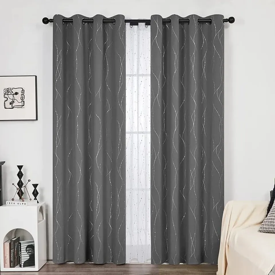 BAGGED SENATH DOTTED LINE FOIL PRINTED ROOM DARKENING THERMAL CURTAINS, CHARCOAL GREY (SET OF 2) // SIZE: 132 X 160CM