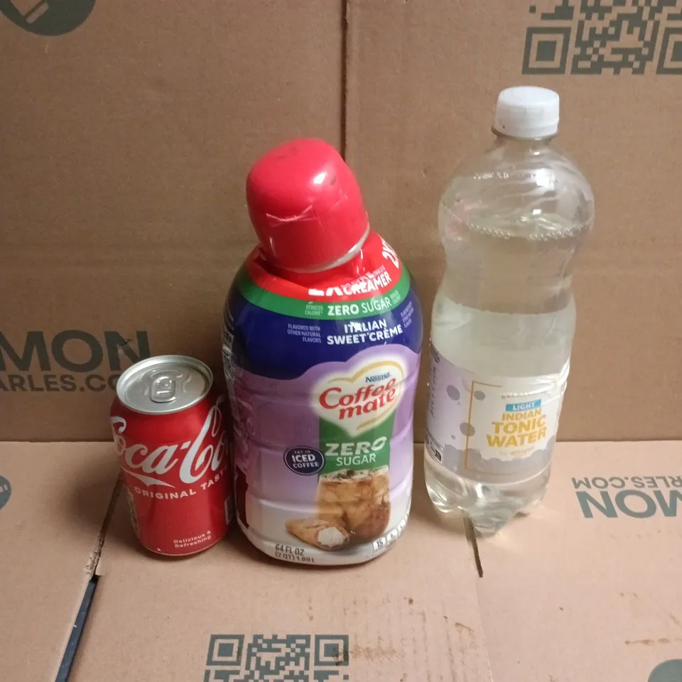 APPROXIMATELY 8 ASSORTED FOOD/DRINK PRODUCTS TO INCLUDE COFFEE MATE, COLA, TONIC WATER ETC 