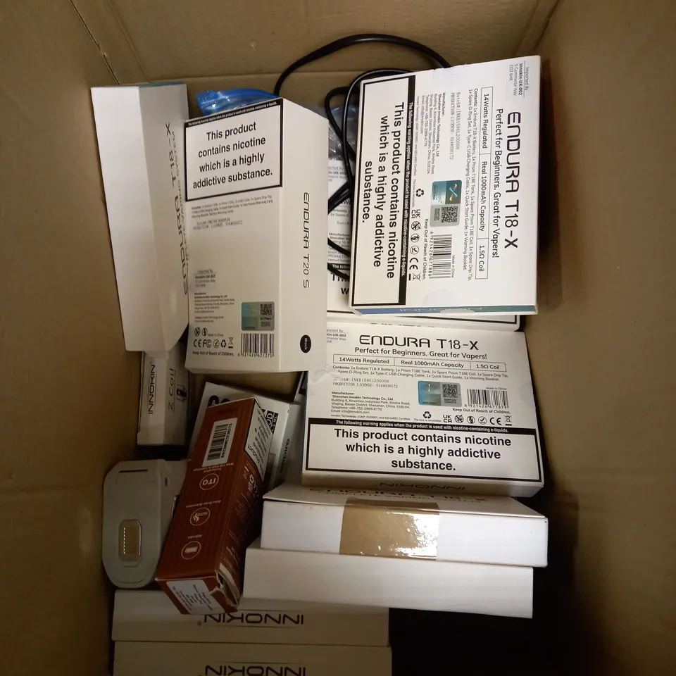 BOX OF APPROXIMATELY 20 ASSORTED VAPING KITS & ACCESSORIES IN VARIOUS BRANDS TO INCLUDE VAPORESSO, ASPIRE, INNOKIN ETC 	