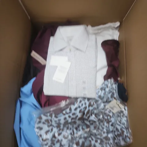 LARGE BOX OF APPROXIMATELY 25 ASSORTED CLOTHING ITEMS IN VARIOUS COLOURS, STYLES AND SIZES - COLLECTION ONLY