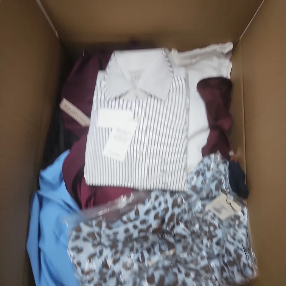 LARGE BOX OF APPROXIMATELY 25 ASSORTED CLOTHING ITEMS IN VARIOUS COLOURS, STYLES AND SIZES - COLLECTION ONLY