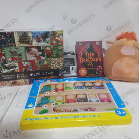 BOX OF APPROX 30 ASSORTED TOYS TO INCLUDE - THE TRAITORS - VINDARY MAGNETIC MAZE AND TRACING BOARD 2 IN 1 - FUJIFILM INSTAX MONO CHROME ECT 