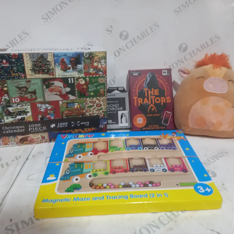 BOX OF APPROX 30 ASSORTED TOYS TO INCLUDE - THE TRAITORS - VINDARY MAGNETIC MAZE AND TRACING BOARD 2 IN 1 - FUJIFILM INSTAX MONO CHROME ECT 