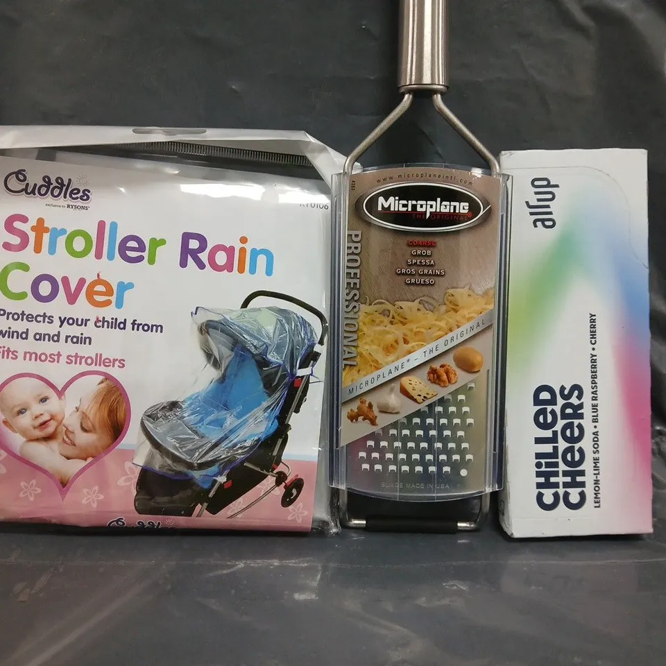 APPROXIMATELY 10 ASSORTED ITEMS TO INCLUDE STROLLER RAIN COVER, MICROPLANE GRATER, ETC