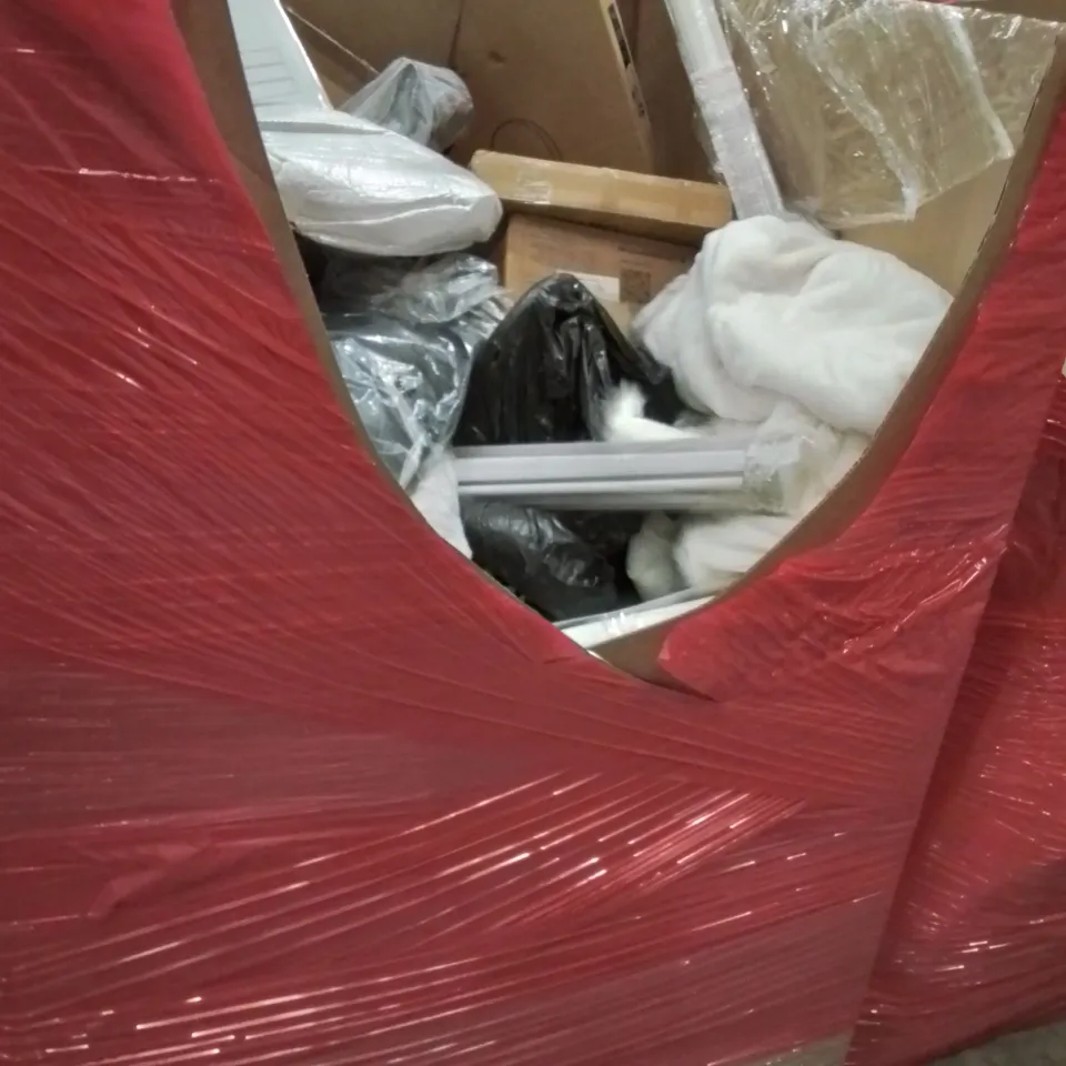 PALLET CONTAINING VARIOUS ASSORTED BOXED HOUSEHOLD ITEMS TO INCLUDE: LARGE FLEECE THROW, TOILET SEATS, ROLLER BLINDS, CRUTCHES AND LOTS MORE UNMARKED BOXED ITEMS 