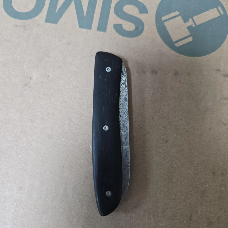 PERCEVAL DAMASCUS FOLDING KNIFE WITH PATTERNED BLADE AND BLACK HANDLE