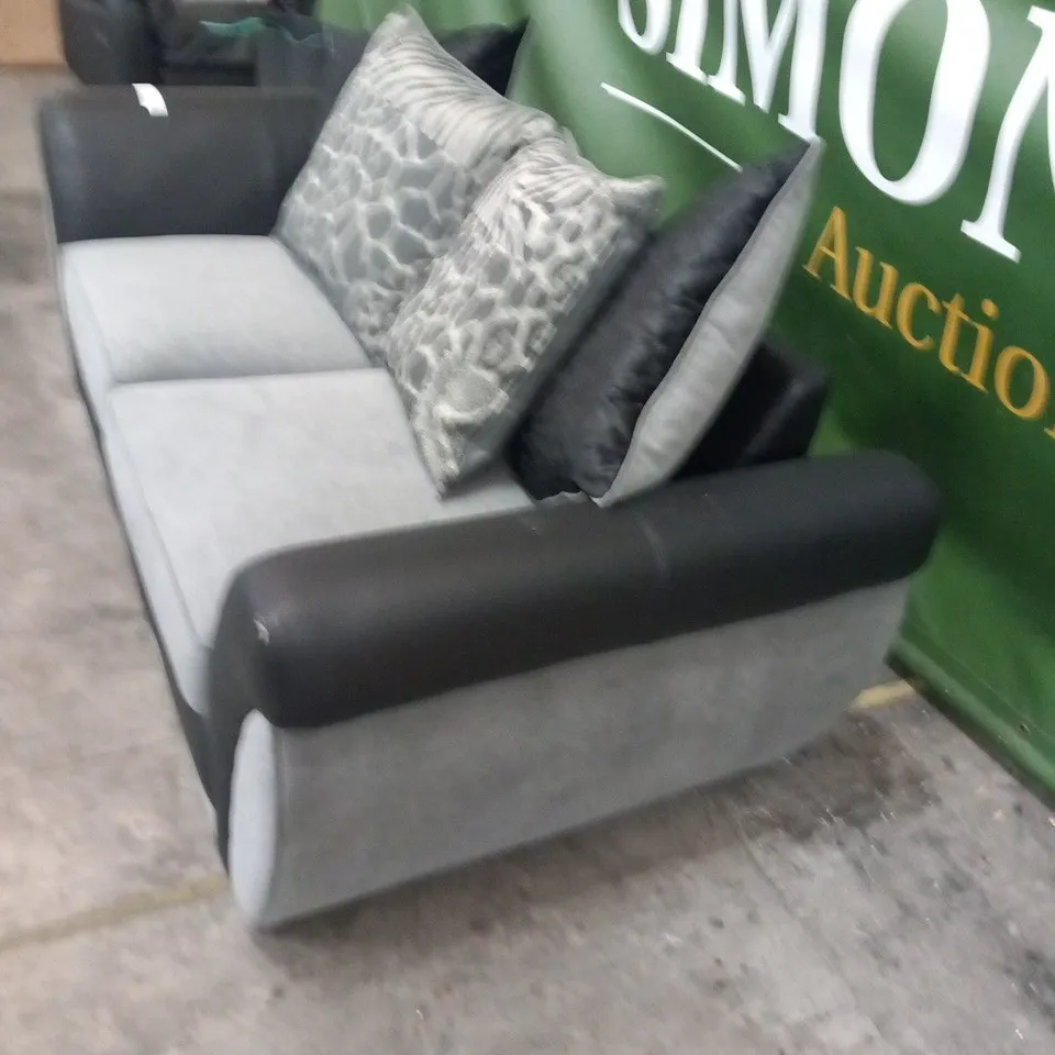 DESIGNER GREY FABRIC AND BLACK SUEDE EFFECT TWO SEATER SOFA WITH SCATTER CUSHIONS