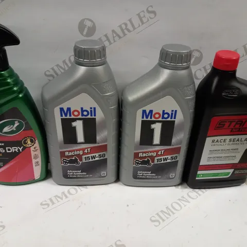 BOX OF 10 ASSORTED VEHICLE MAINTENCE FLUIDS TO CONTAIN STANS RACE SEALANT, MOBIL RACING 4T MOTORCYCLE OIL, TURTLE WAX WAX & DRY ETC