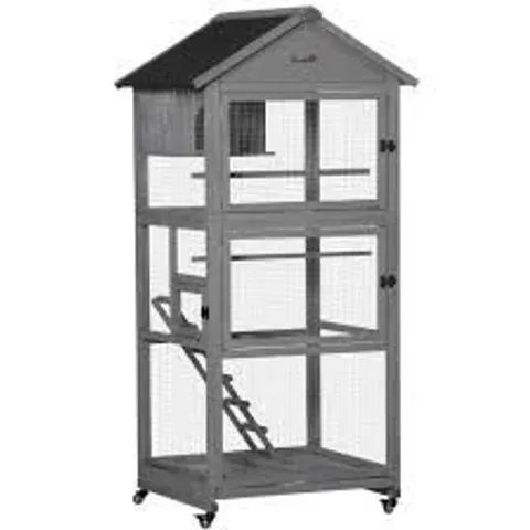 BOXED PAWHUT BIRD CAGE BUDGIE CAGE WOODEN OUTDOOR AVIARY WITH WHEELS FOR CANARY FINCH WITH ASPHALT ROOF PERCH NEST LADDER SLIDE-OUT TRAY, GREY (1 BOX)