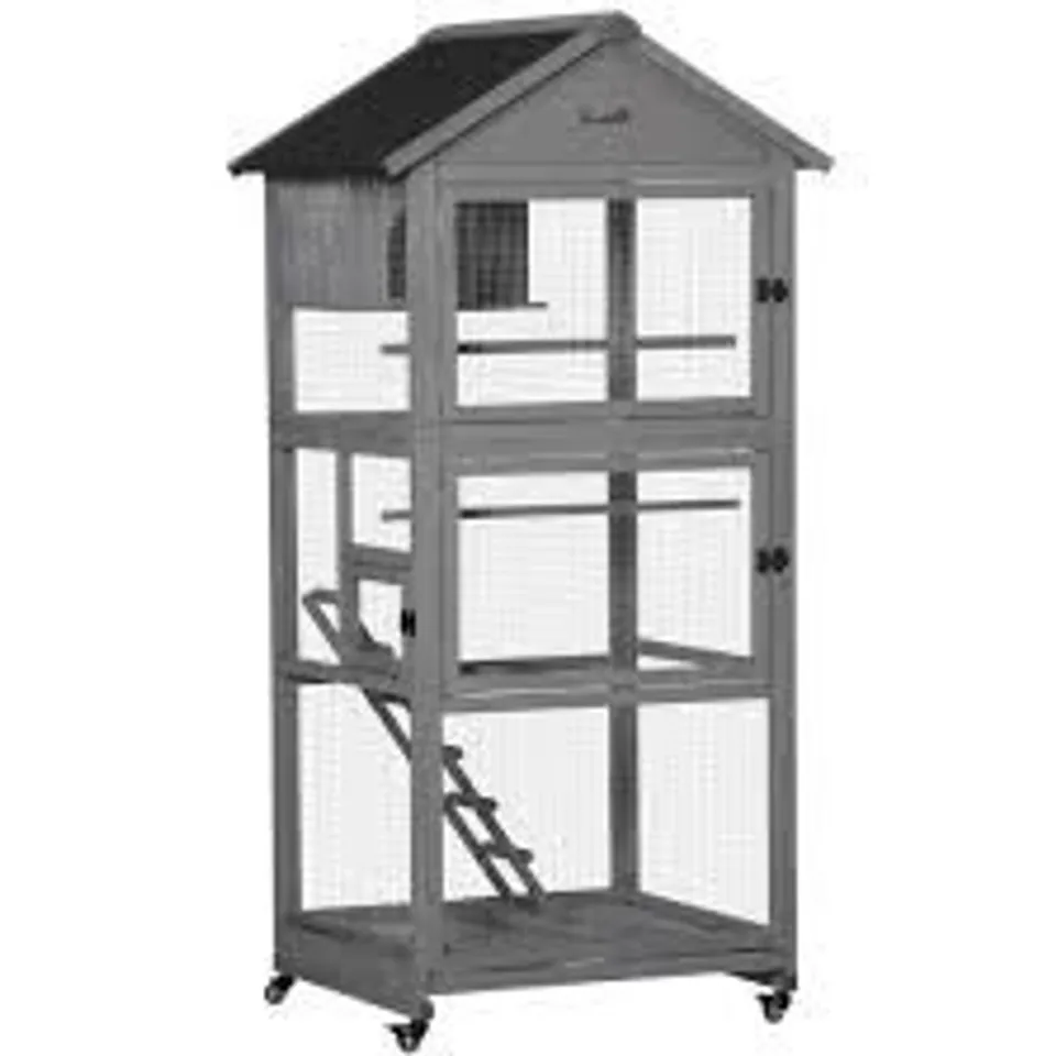 BOXED PAWHUT BIRD CAGE BUDGIE CAGE WOODEN OUTDOOR AVIARY WITH WHEELS FOR CANARY FINCH WITH ASPHALT ROOF PERCH NEST LADDER SLIDE-OUT TRAY, GREY (1 BOX)