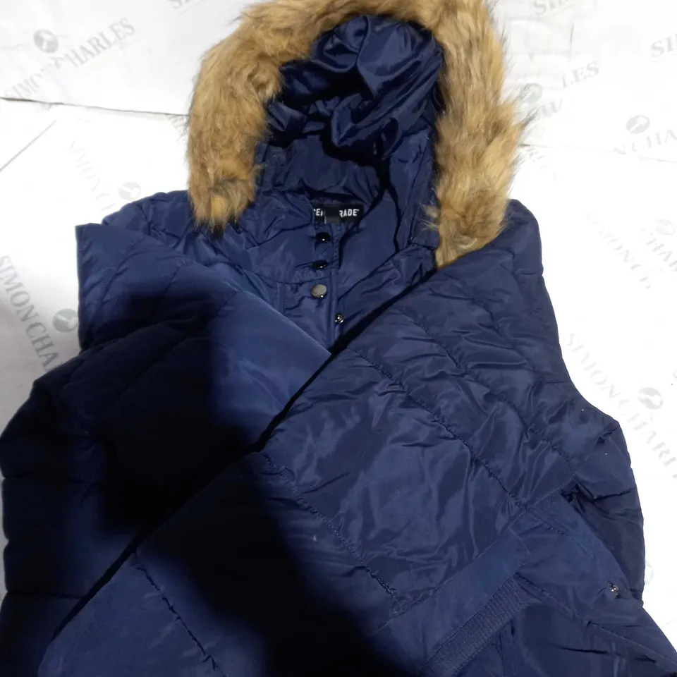 CENTIGRADE FAUX DOWN LONG LINE COAT WITH FAUX FUR TRIM HOOD NAVY SMALL