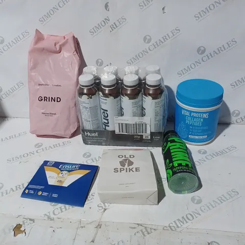 6 ASSORTED ITEMS TO INCLUDE: PACK OF PET HUEL, PRIME DRINK, GRIND HOUSE BLEND ETC