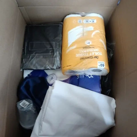 BOX CONTAINING A MIX OF APPROXIMATELY 15 ASSORTED ITEMS INCLUDING TABLET CASE, BOTTLE, FABRIC ETC.