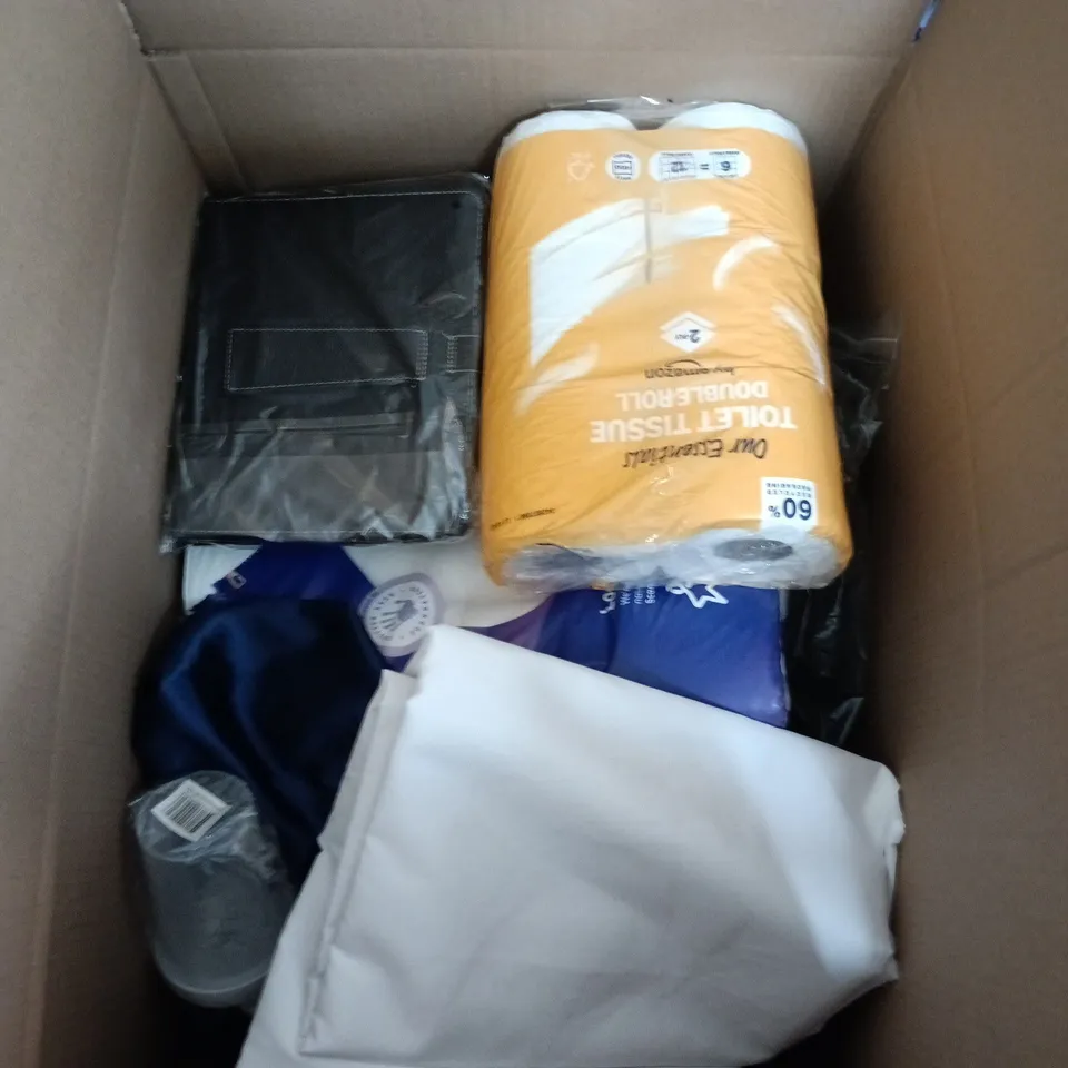 BOX CONTAINING A MIX OF APPROXIMATELY 15 ASSORTED ITEMS INCLUDING TABLET CASE, BOTTLE, FABRIC ETC.