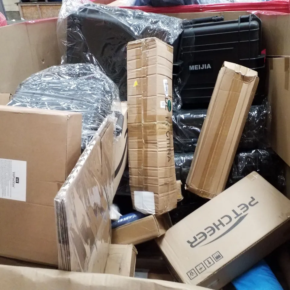 PALLET CONTAINING ASSORTED PRODUCTS INCLUDING STAINLESS STEEL FAUCET, BABY SWING, CHAINSAW, KITCHEN TABLEWARE STORAGE BOX & WATERPROOF PROTECTIVE CASE