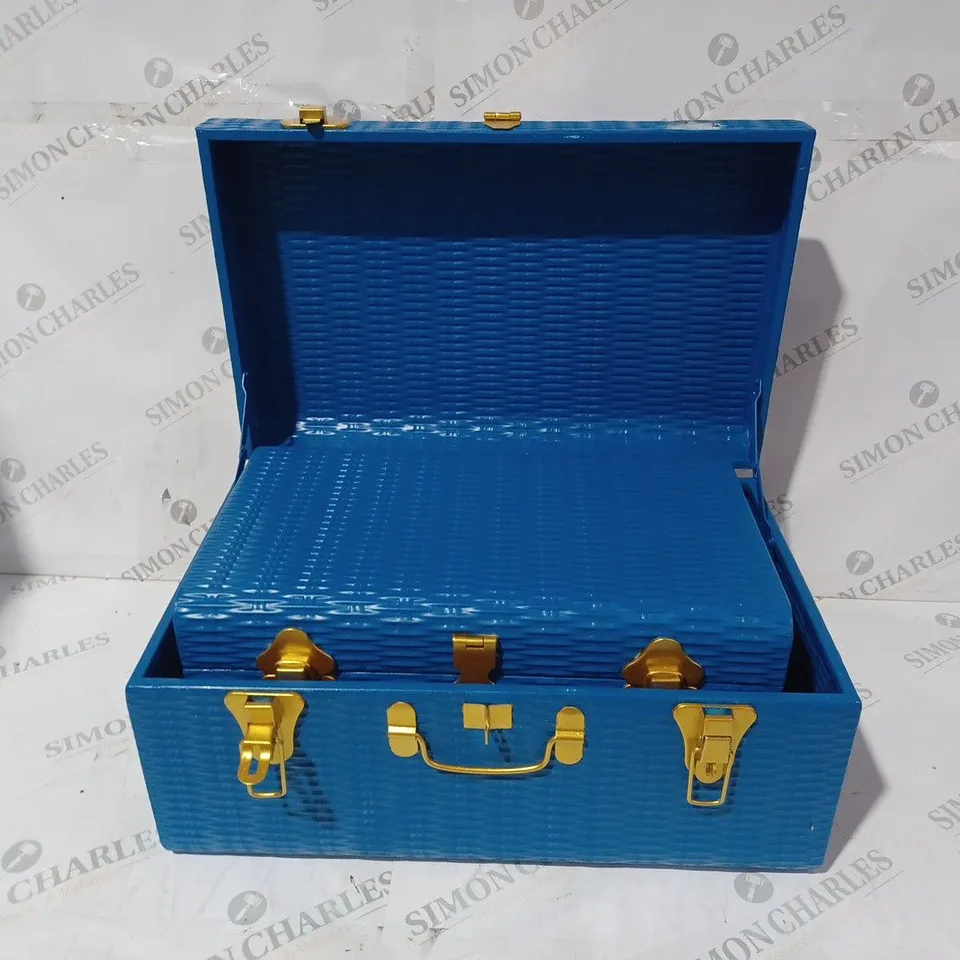 BOXED BUNDLEBERRY BY AMANDA HOLDEN SET OF RATTAN EFFECT METAL TRUNKS IN DEEP BLUE