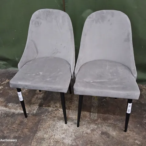 PAIR UPHOLSTERED QUILTED BACK DINING CHAIRS GREY FABRIC ON BLACK LEGS