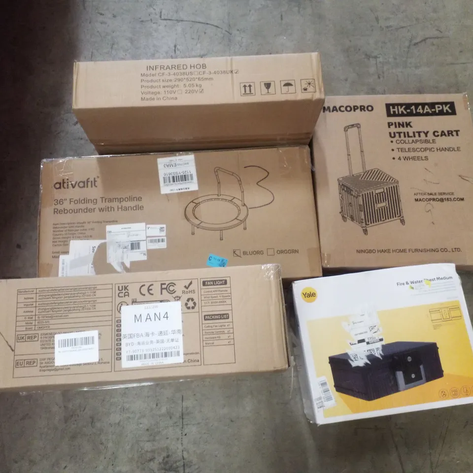 PALLET CONTAINING ASSORTED PRODUCTS INCLUDING INFRARED HOB, 36" FOLDING TRAMPOLINE, FAN LIGHT, PINK UTILITY CART & YALE FIRE & WATER MEDIUM