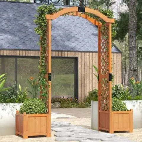 BOXED COSTWAY 201 CM TALL WOOD GARDEN ARBOR WITH PLANTER BOXES FOR CLIMBING PLANTS-YELLOW
