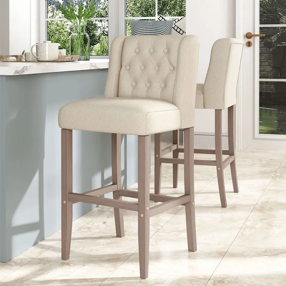 BOXED UPHOLSTERED 63cm COUNTER BAR STOOLS DINING CHAIRS SET OF 2 - BEIGE (1 BOX)