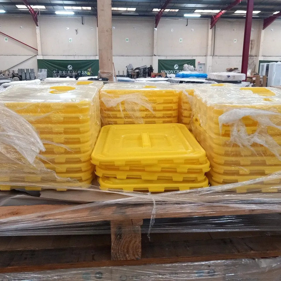 PALLET OF APPROXIMATELY 49 MAUSER YELLOW MEDICAL WASTE CLICK LIDS