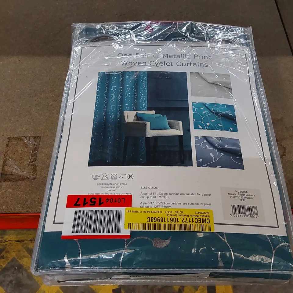 BAGGED MAYOTTE METALLIC BLACKOUT EYELET CURTAINS - BLUE/METALLIC PRINT // 137 X 183CM (1 ITEM)