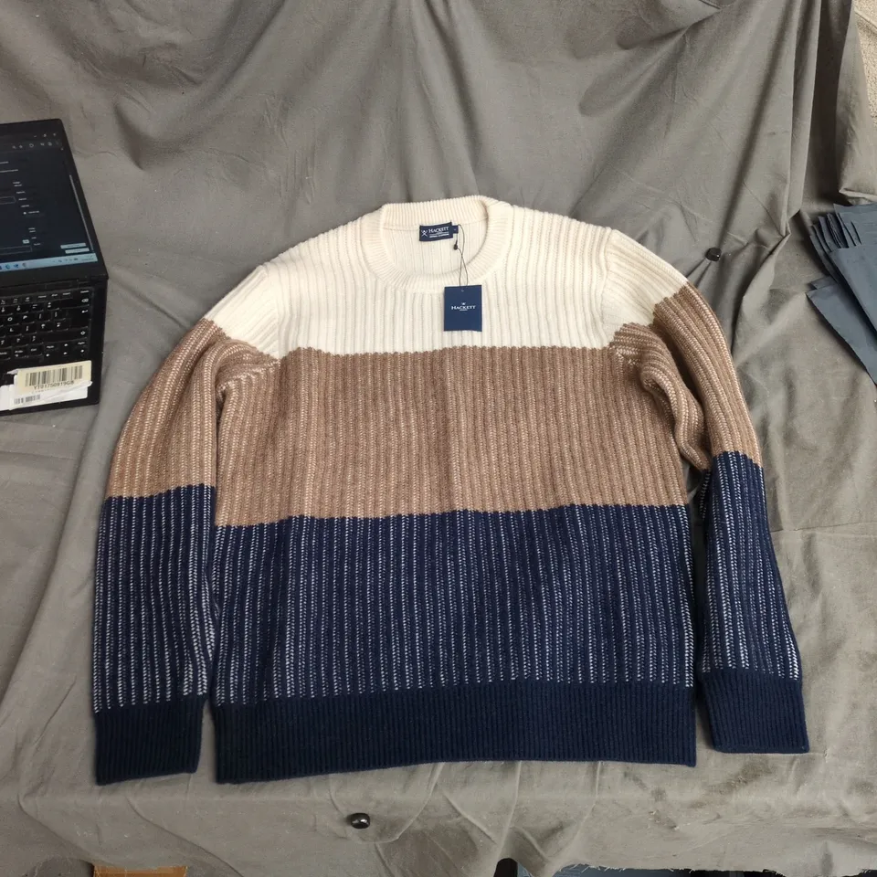 HACKETT LONDON MERINO CASHMERE COLOUR-BLOCK SWEATER – CREAM/CAMEL/NAVY – SIZE XL