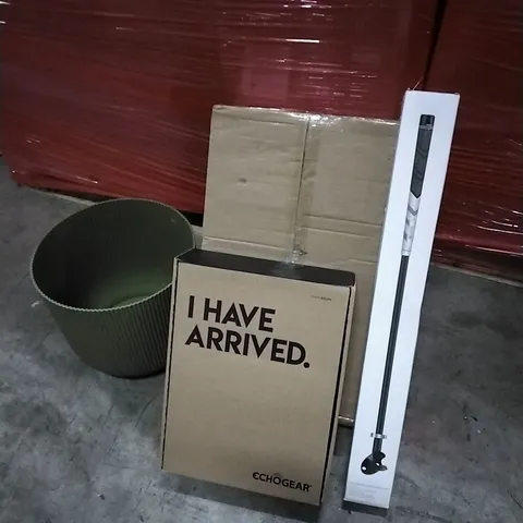 PALLET OF HOUSEHOLD ITEMS TO INCLUDE PLANT POT, VIBRATION PLATE,  LONG GOLF CLUB GRIP ACCESSORY,  FULL MOTION TV WALL MOUNT and other assorted items 