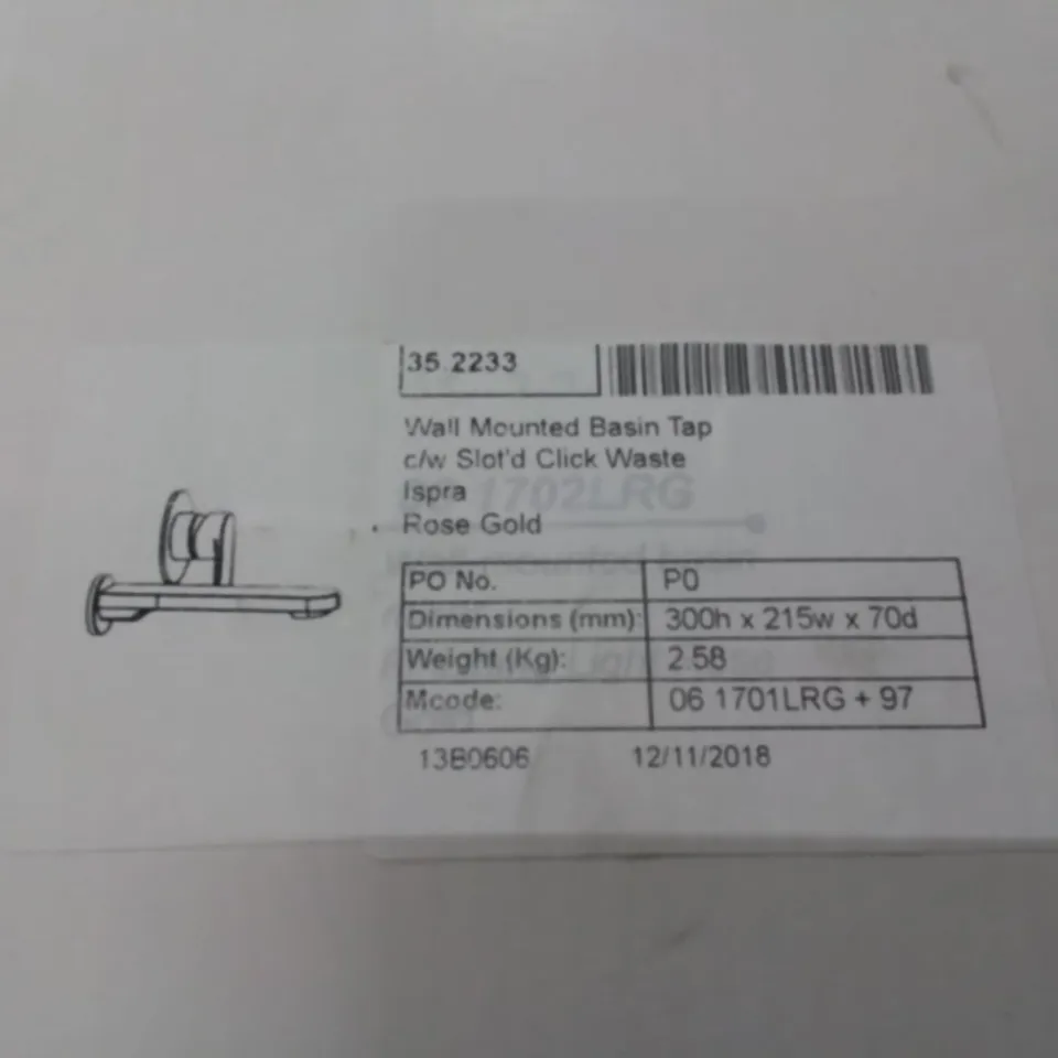 BOXED AS NEW WALL MOUNTED BASIN TAP WITH CLICK WASTE IN ROSEGOLD