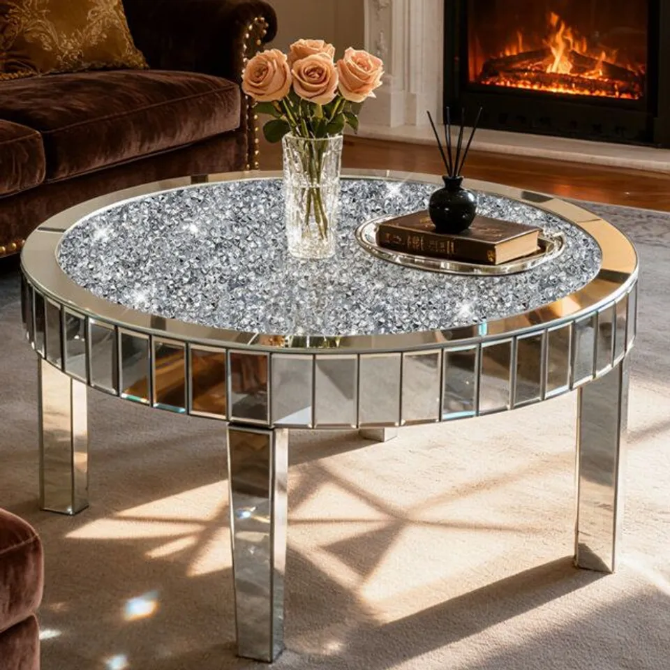 BOXED GLASS ROUND COFFEE TABLE MIRRORED DIAMONDS EFFECT INLAY