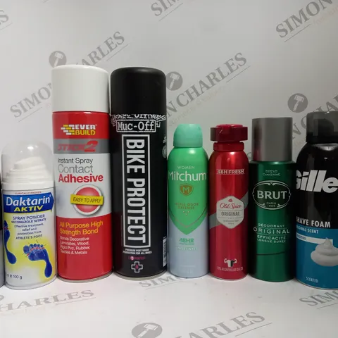 BOX OF APPROX 12 ASSORTED AEROSOLS TO INCLUDE INSTANT SPRAY CONTACT ADHESIVE, MITCHUM DEODORANT, GILETTE SHAVING FOAM, ETC