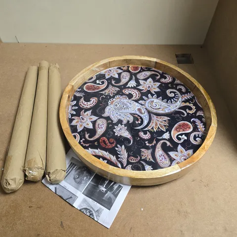 ROUND WOODEN COFFEE TABLE WITH PAISLEY FABRIC INLAY