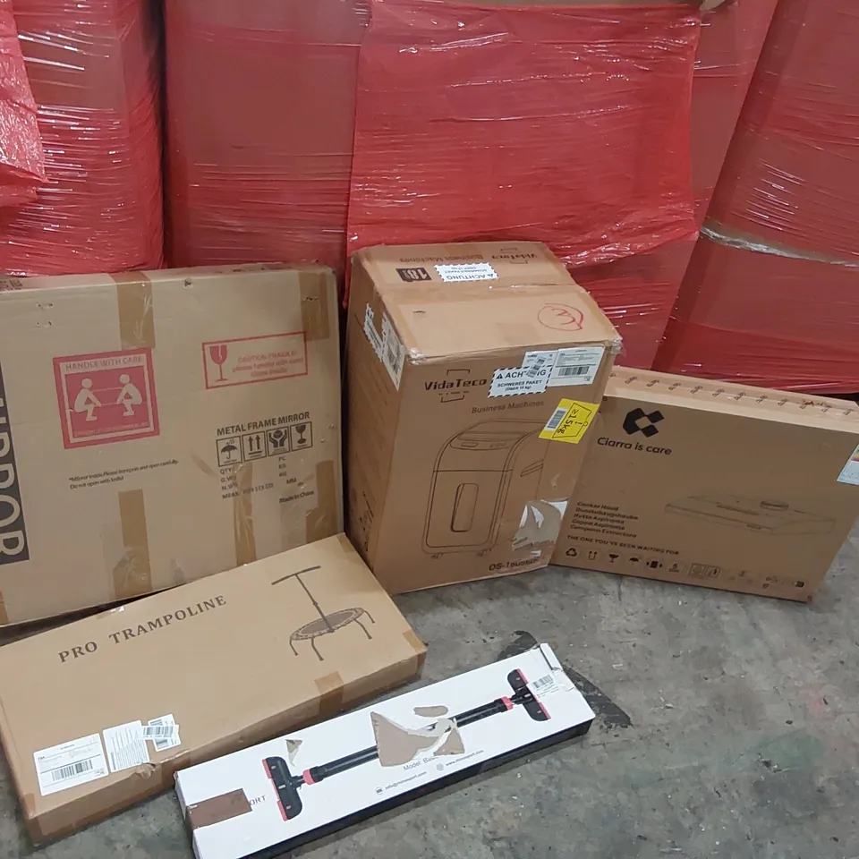 PALLET OF ASSORTED ITEMS INCLUDING: PAPER SHREDDER, MIRROR, COOKER HOOD, TRAMPOLINE, PULL-UP BAR ECT