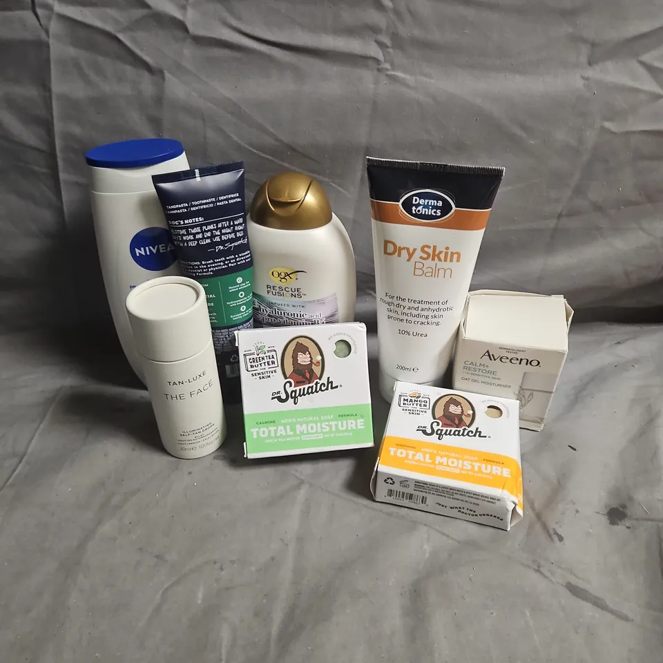 APPROXIMATEY 20 ASSORTED HEALTH AND BEAUTY PRODUCTS TO INCLUDE - TAN-LUXE THE FACE ILLUMINATING SELF-TAN DROPS - AVEENO OAT GEL MOISTURISER - DR SQUATCH SOAP - ETC