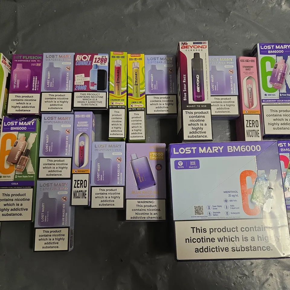 APPROXIMATELY 40 ASSORTED E-CIGARETTE PRODUCTS TO INCLUDE - LOST MARY AND RIOT CONNEX