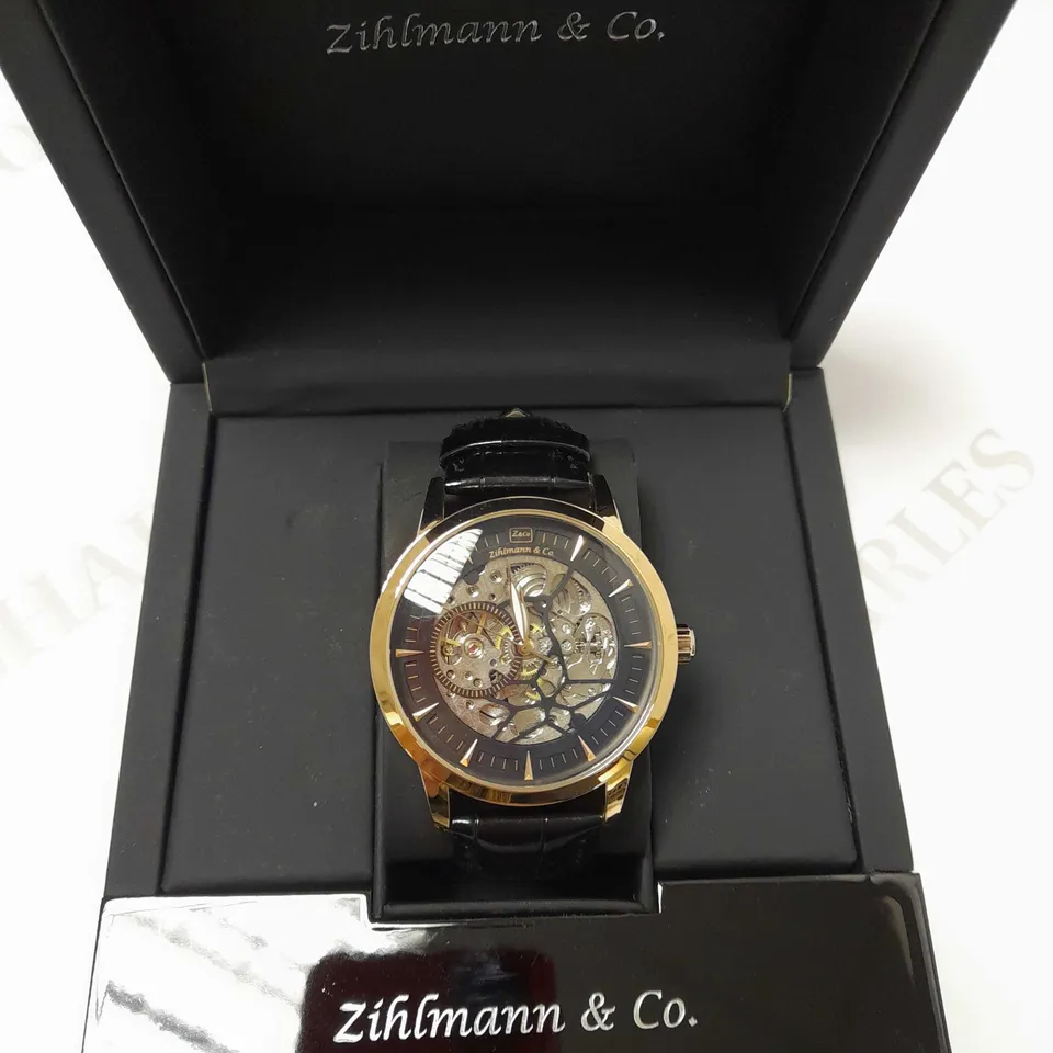 ZIHLMANN & CO SKELETON BLACK LEATHER STRAP WATCH