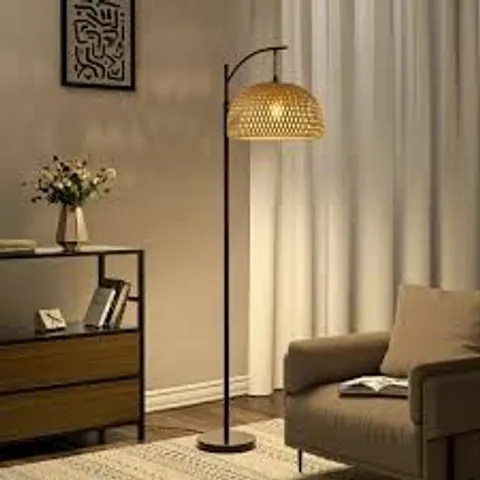 BOXED AAFTAB 162.5CM TRADITIONAL WOVEN RATTAN BLACK ARCHED/ARC FLOOR LAMP (1 BOX)