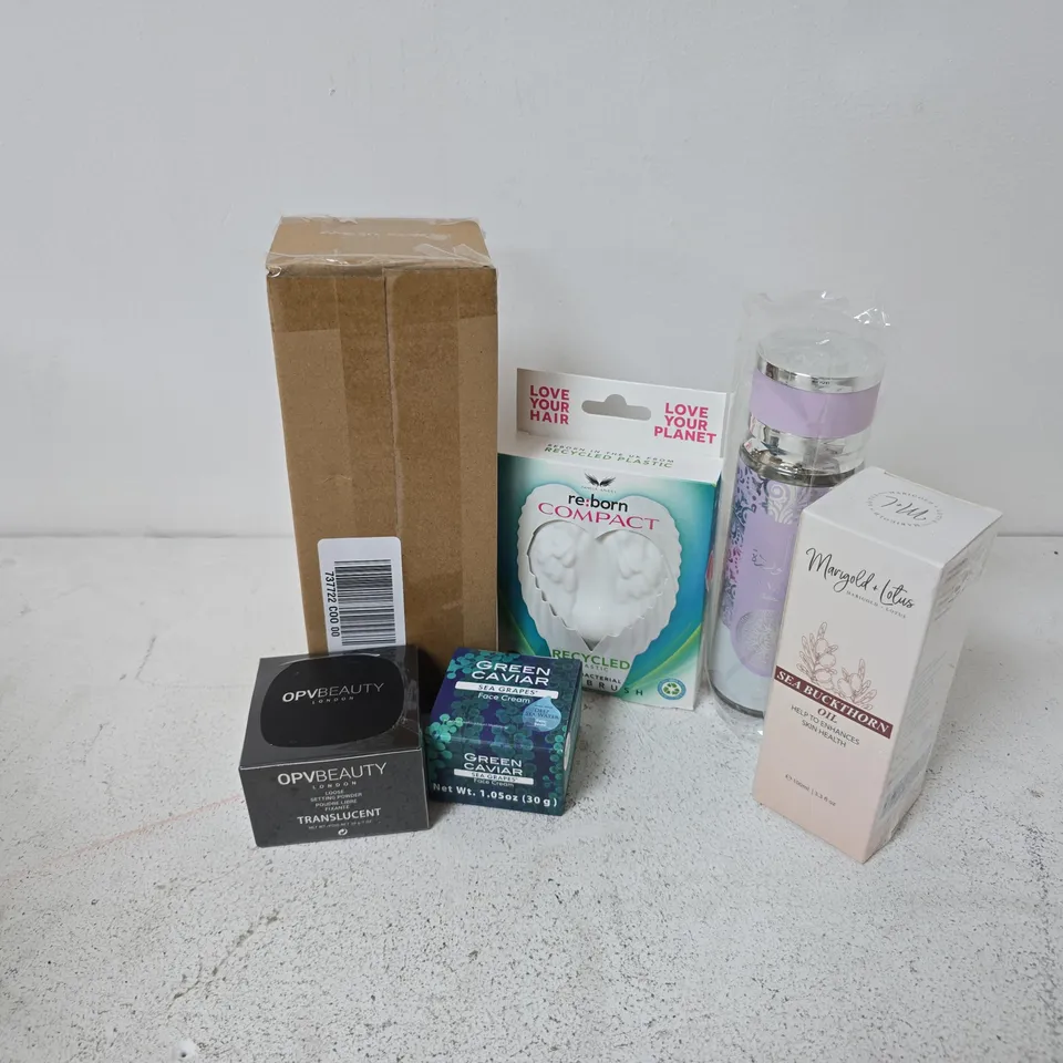 6PC COSMETIC GIFTSET TO INCLUDE GREEN CAVIER FACE CREAM, MARIGOLD + LOTUS SEA BUCKTHORN OIL, OPVBEAUTY SETTING POWDER, ETC