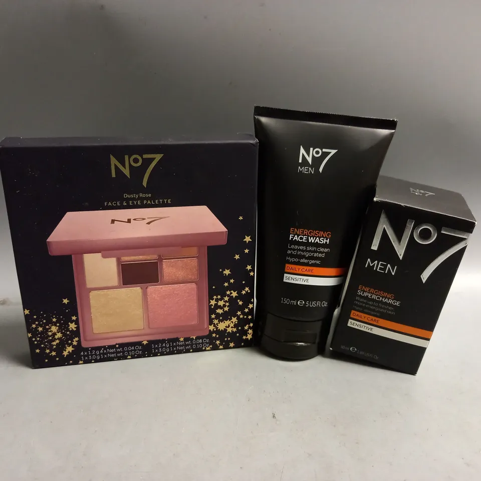 3 NO.7 BEAUTY PRODUCTS TO INCLUDE DUSTY ROSE FACE & EYE PALETTE, ENERGISING FACE WASH 150ML, ENERGISING SUPERCHARGE DAILY CARE 50ML 