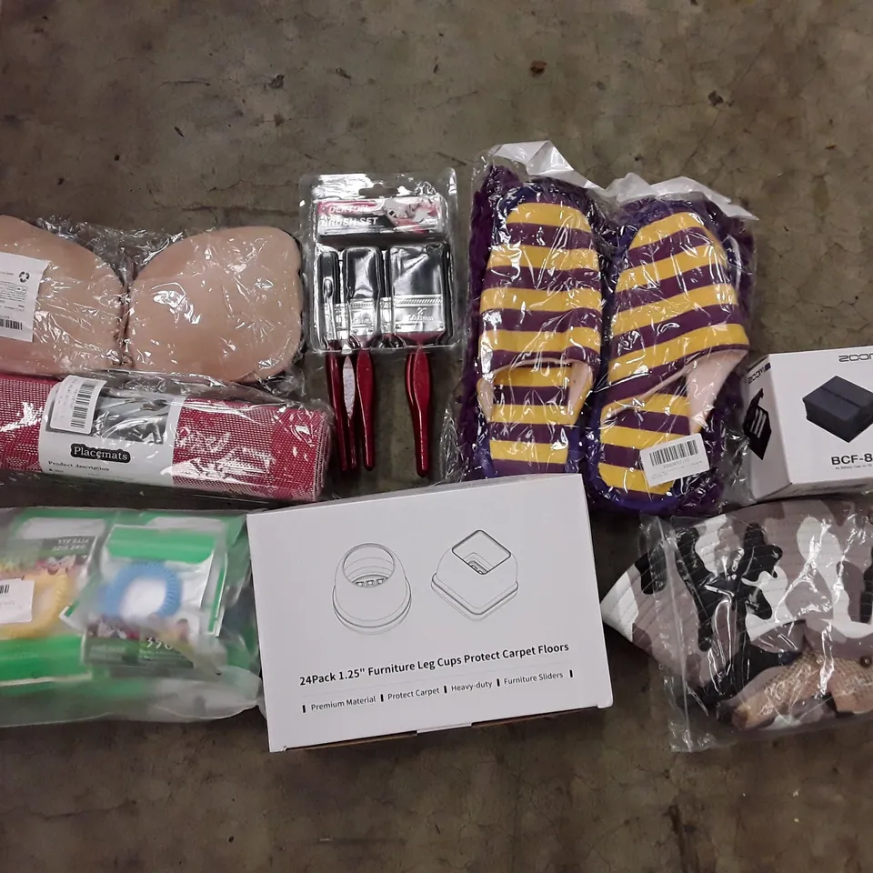 PALLET OF ASSORTED PRODUCTS INCLUDING MULTIPURPOSE SLIPPERS, BRUSH SET, PLACEMATS, NIPPLE COVERS, MOSQUITO REPELLENT BRACELETS, BUCKET HAT