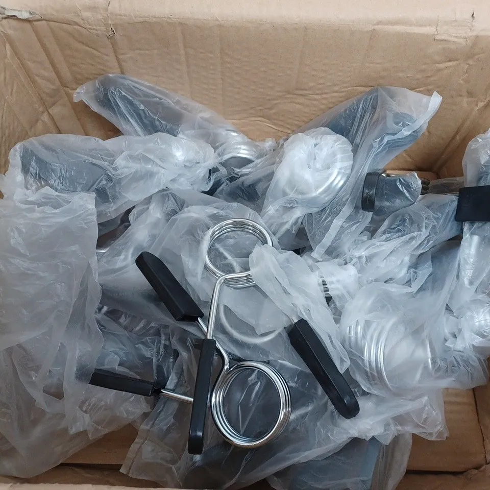 BOX OF APPROX 26 BARBELL WEIGHT HOLDERS & GRIP TRAINERS