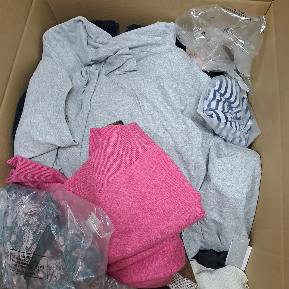 BOX OF ASSORTED CLOTHING ITEMS TOO INCLUDE JUMPERS, SHIRTS AND TROUSERS IN VARIOUS SIZES AND COLOURS   
